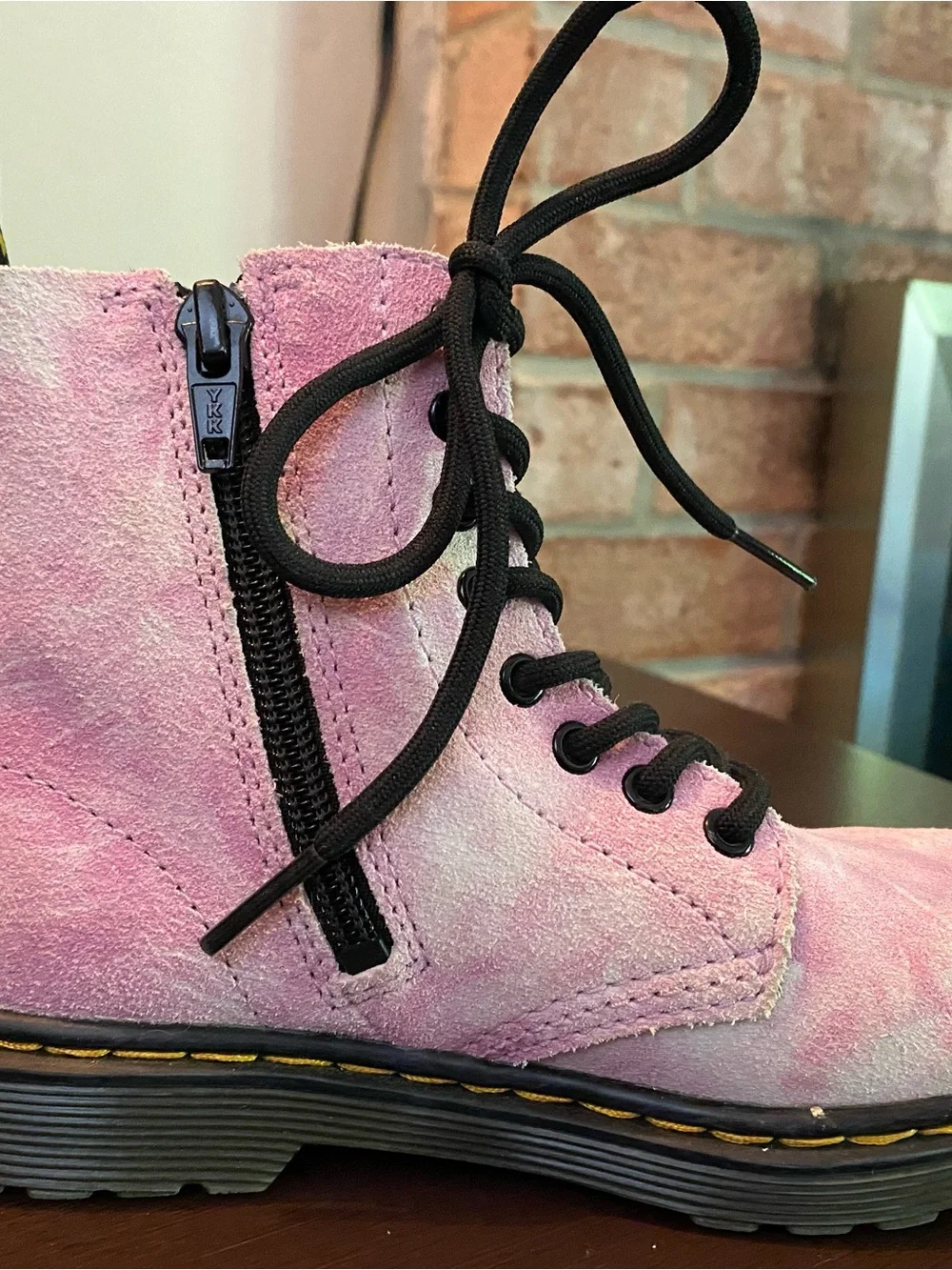 Dr. Martens Pink Suede Kids Lace-Up Boots with Black Laces